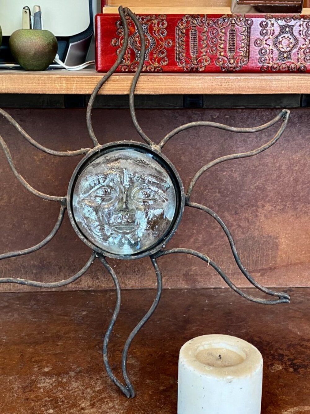 90s Celestial Glass Sun Face Wrought Iron Whimsygoth Candle Holder Vintage